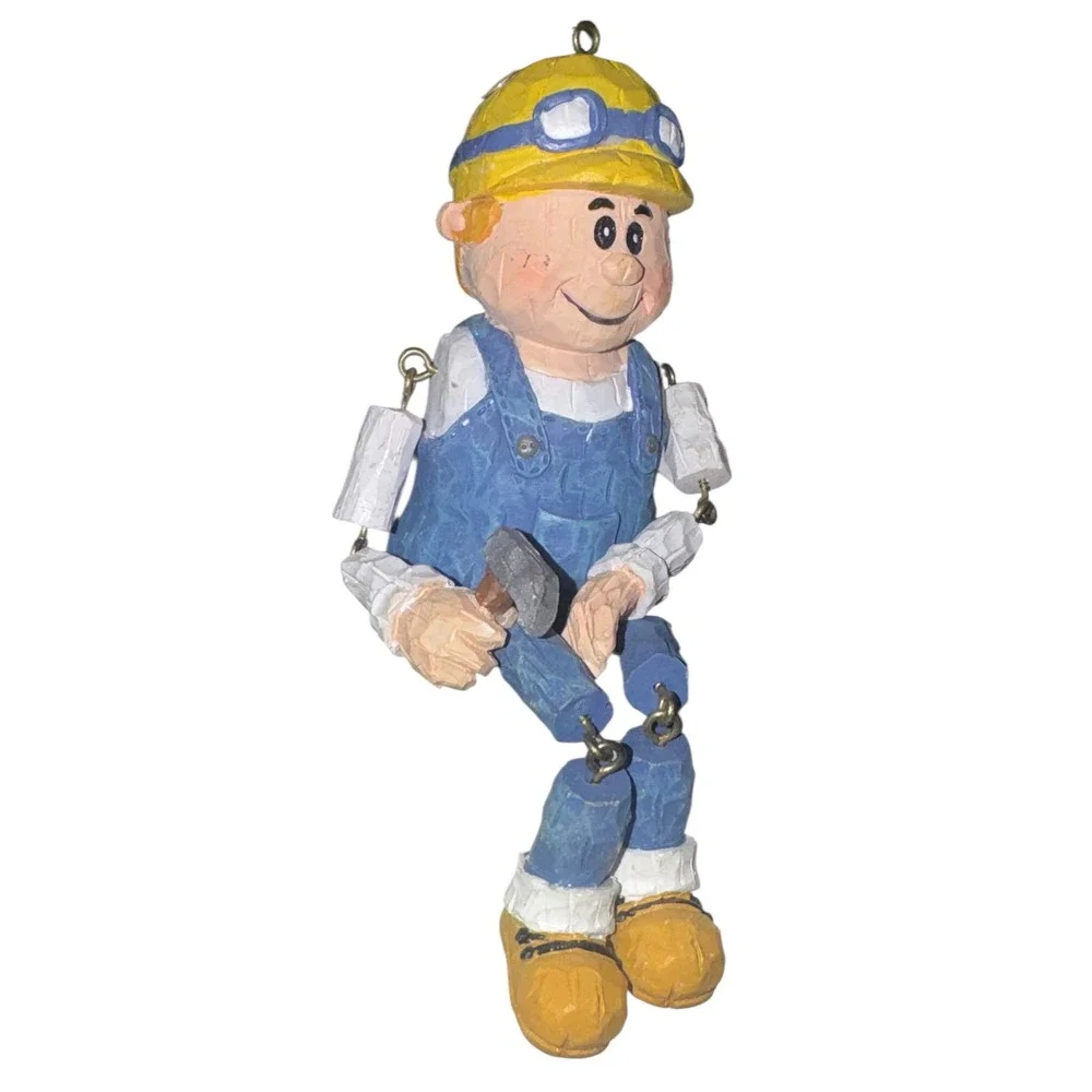 Vintage Artisan Carved Wood Construction Worker Ornament Hanging Decor Puppet